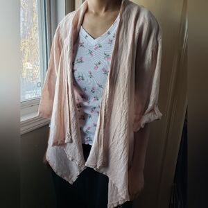 100% Linen Women's Pink Open-Front Sweater Made In Italy Peachy Pink